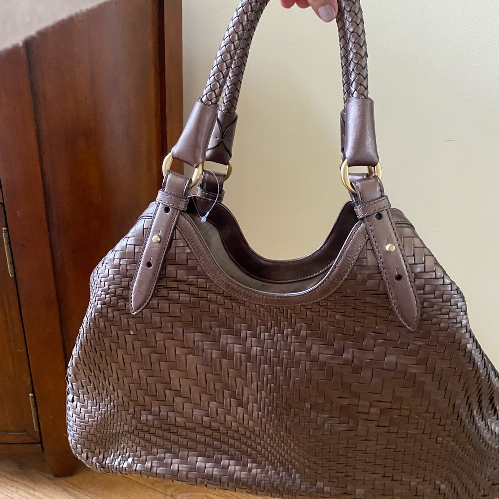 Cole Haan Genevieve Metallic Woven Elegant Brown Woven Leather Tote